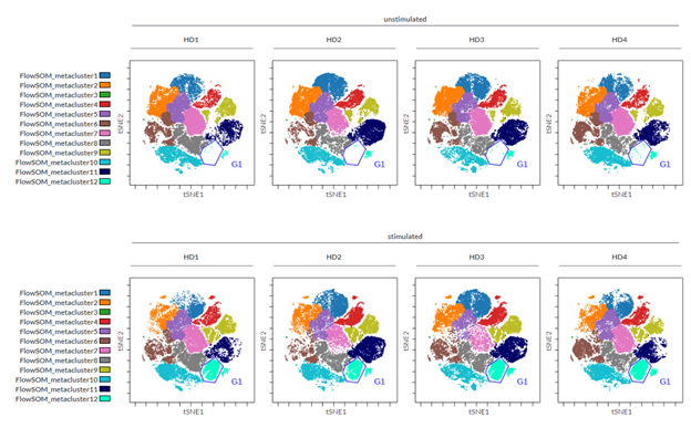 viSNE maps with twelve FlowSOM metaclusters as overlaid figure dimensions for each sample