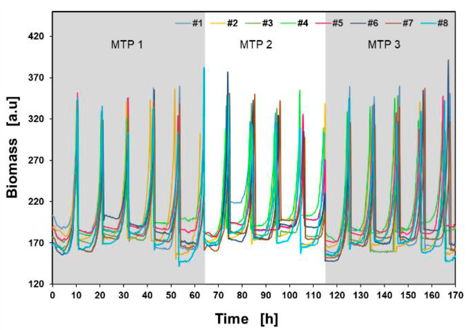 Figure 7 Sequential biomass measurement of all colonies on the initial three MTPs