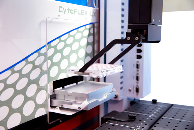 An enhanced view of automated loading of a 96-well plate into the CytoFLEX LX flow cytometer with the Biomek gripper