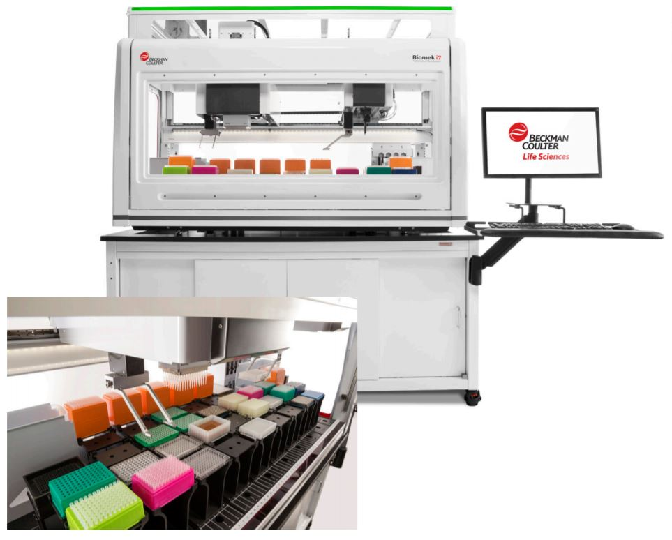 Biomek i7 Hybrid Genomics Workstation with optional enclosure on a Biomek Cart. Large Deck capacity to increase walk away time.