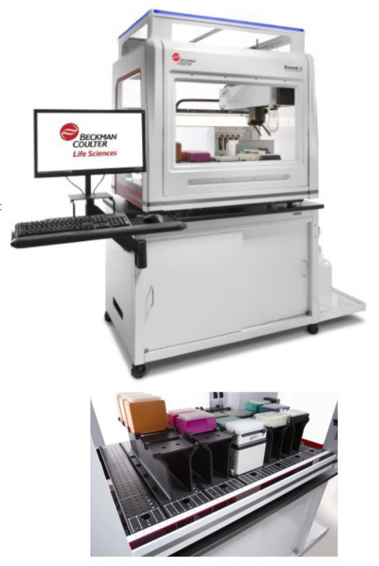 Figure 1. Biomek i5 Span-8 Genomics Workstation with optional Enclosure on a Biomek Mobile Workstation. Deck layout in the lower image.