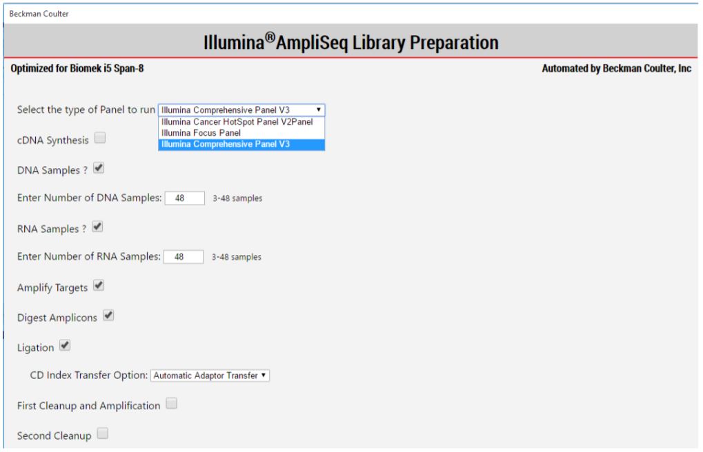 Figure 4. AmpliSeq for Illumina Method Options Selector enables one to select DNA and/or RNA to run, batch size and other processing options. 