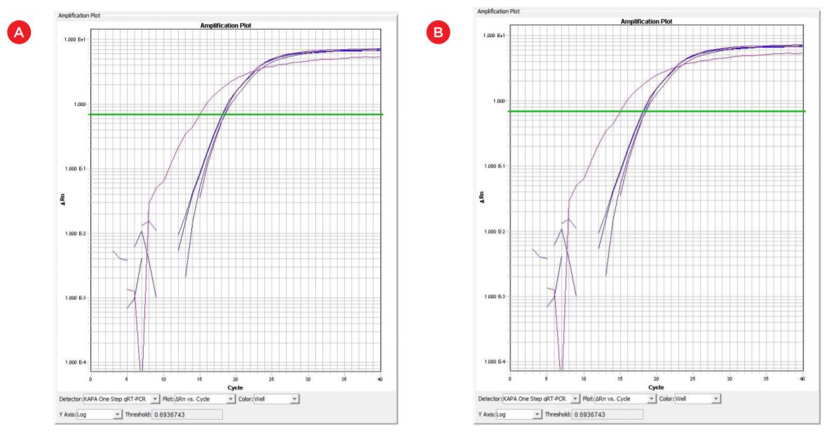 Figure 6. qRT-PCR amplification plots (cycle number vs. florescence) corresponding to automated (a) and manual (b) RNA templates. RNA template concentration 50 ng/uL; X: positive control 200 ng/uL. No amplification in negative control
