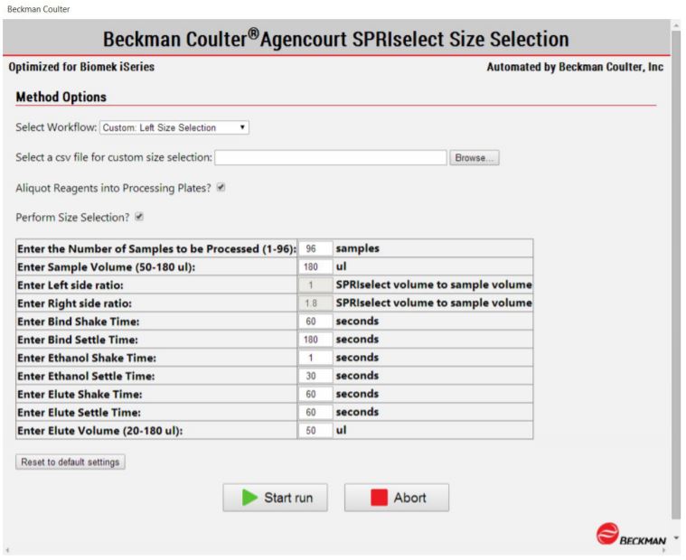 Figure 3. Biomek Method Options Selector indicate sample number and processing options
