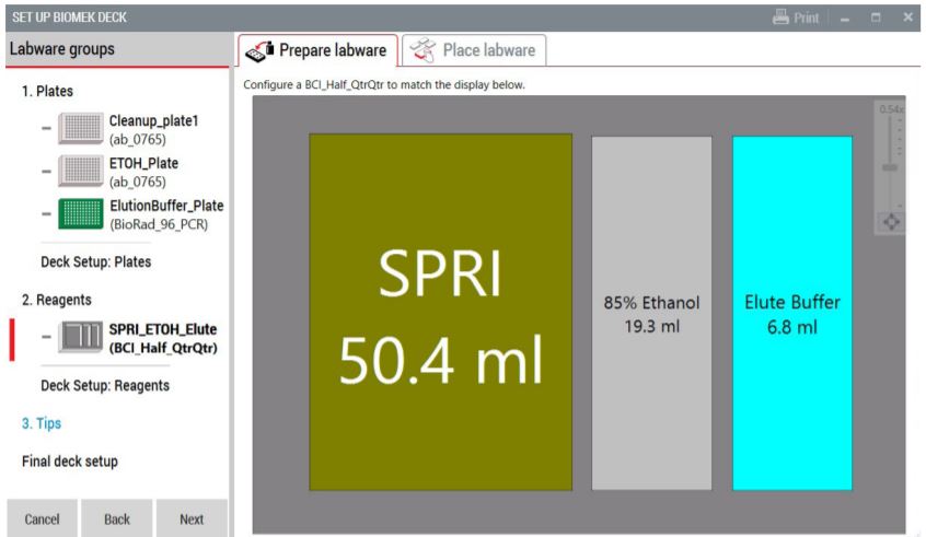 Figure 5. Guided Labware Setup indicates reagent volumes and guides the user for correct deck setup