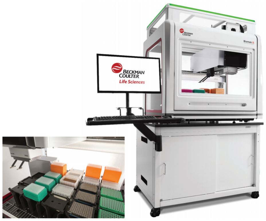 Figure 1. Biomek i5 Multichannel 96 Genomics Workstation with optional enclosure on a Biomek Cart. Large Deck capacity to increase walk away time. 