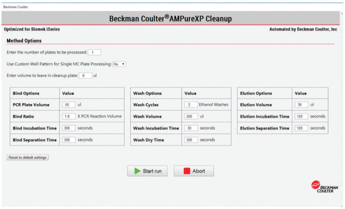 Figure 4. Beckman Coulter AMPure XP Method Options Selector showing the different features and run options 