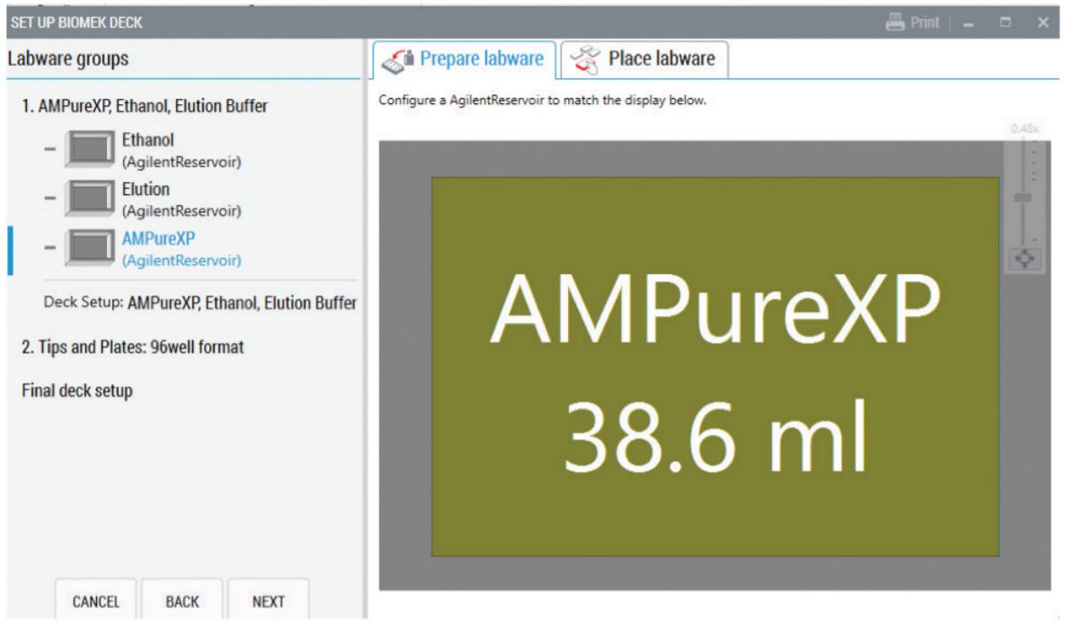 Figure 5. Guided Labware Setup showing reagent volumes and guides the user for correct deck setup