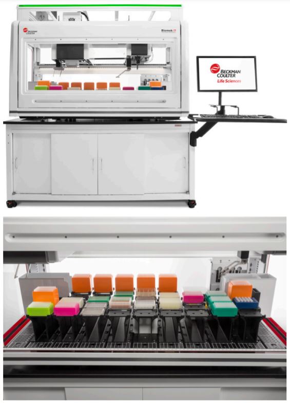 Figure 1. Biomek i7 Hybrid Genomics Workstation with optional Enclosure on a Biomek Mobile Workstation. Deck layout in the lower image.