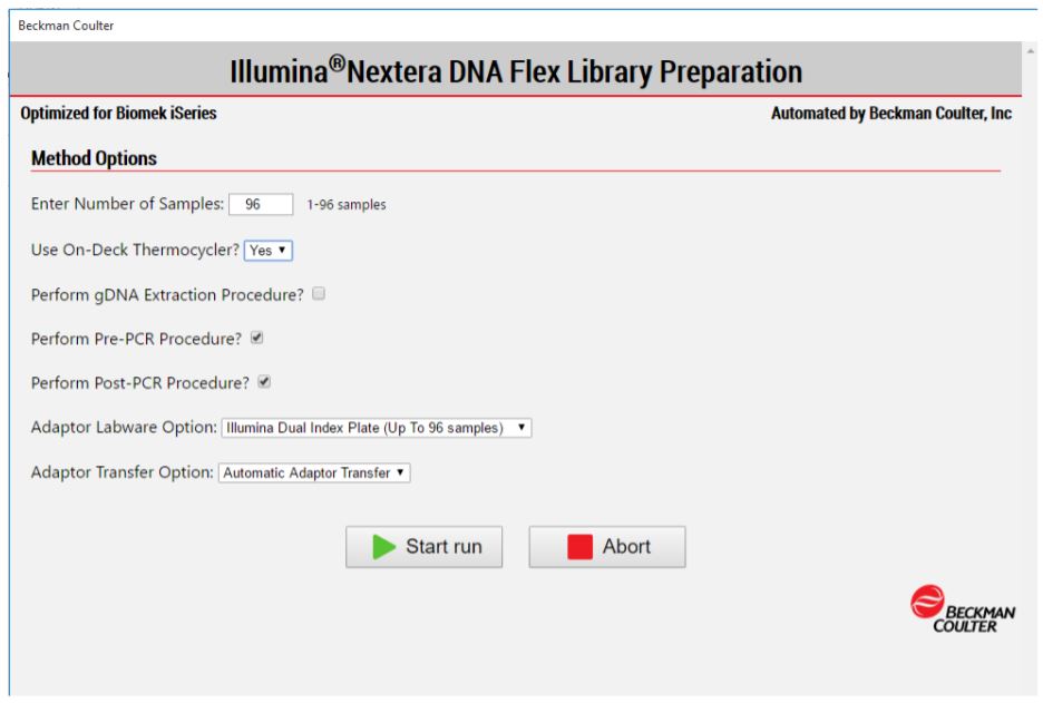 Figure 3. Biomek Method Options Selector enables us to select sample number and processing options. Extraction can be done on deck, if desired.