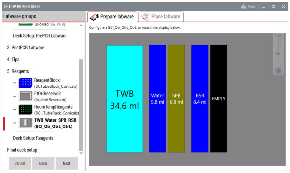 Figure 4. Guided Labware Setup indicates reagent volumes and guides the user for correct deck setup.