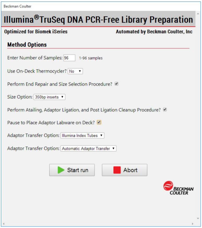 Figure 3. Biomek Method Options Selector indicates sample number and processing options