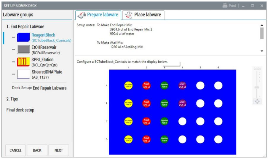 Figure 4. Guided Labware Setup displays required reagent volumes and setup notes to guide the user on correct deck setup