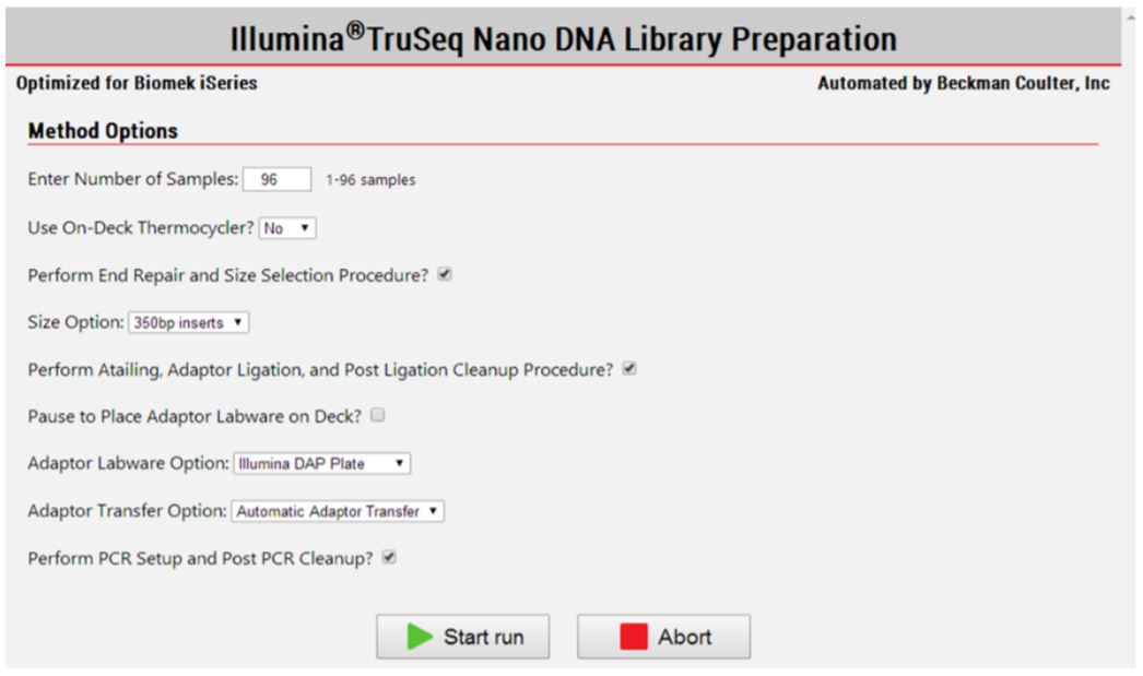 Figure 3. Biomek Method Options Selector indicate sample number and processing options