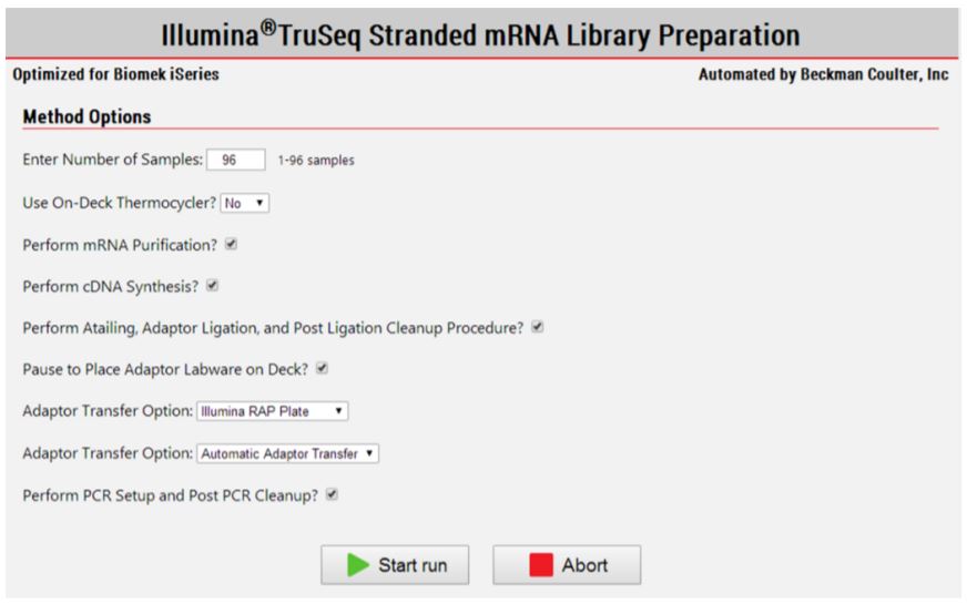 Figure 3. Biomek Method Options Selector indicate sample number and processing options.