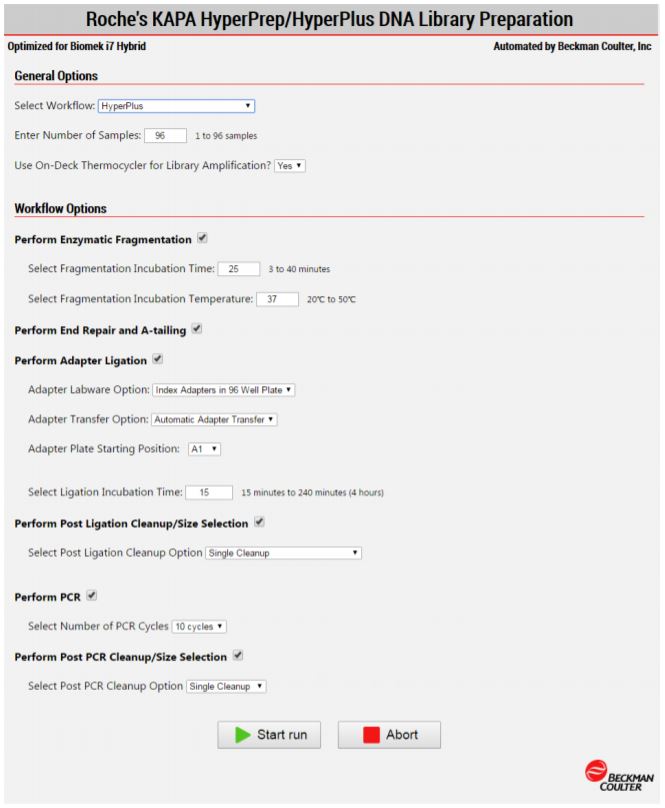 Figure 3. Biomek Method Options Selector enables users to select the desired workflow, sample number, and a variety of workflow customization options.