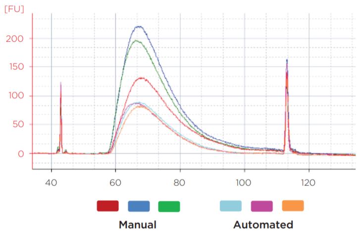 Figure 7. Representative library traces of the 50 ng samples show consistent sizing between automated and manual libraries. The average mode size of the manual libraries was 267 bp, while the automated library average mode size was 266 bp.