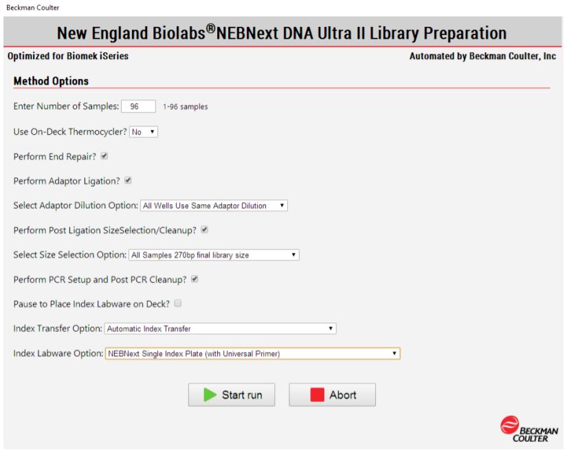 Figure 3. Biomek Method Options Selector indicate sample number and processing options