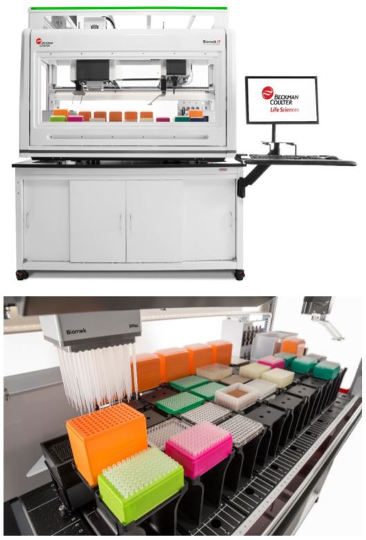 Figure 1. . Biomek i7 Hybrid Genomics Workstation with optional enclosure on a Biomek Cart. The deck has a maximum capacity of 45 positions to maximize efficiency and increase walk away time