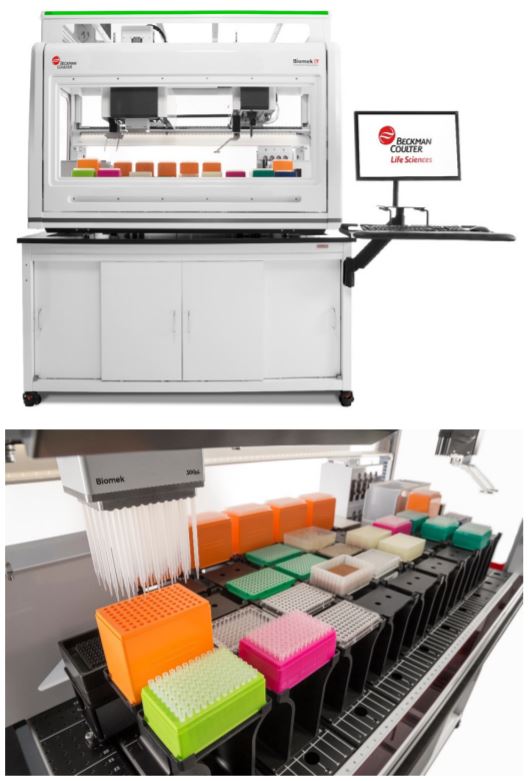 Figure 1. Biomek i7 Hybrid Genomics Workstation with optional enclosure on a Biomek Cart. The deck has a maximum capacity of 45 positions to maximize efficiency and increase walk away time