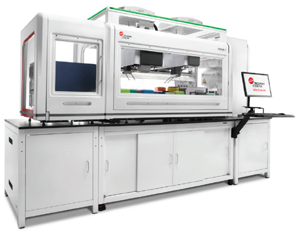 Figure 1. Integrated Biomek i7 Automated Workstation. A Biomek i7 instrument with HEPA-filtered enclosure was directly integrated with a Cytomat 2C incubator (right) and SpectraMax i3X Multi-Mode Detection Platform with SpectraMax MiniMax 300 Imaging Cytometer (left).