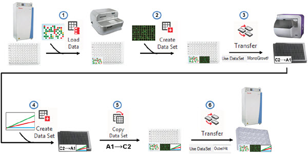 Figure 5. Automated data handling. Biomek and DART software can combine to retrieve previous data, add new assay data to plates, drive reformatting transfer steps, copy assay data back to the source wells, to ensure the proper hits are brought forward.