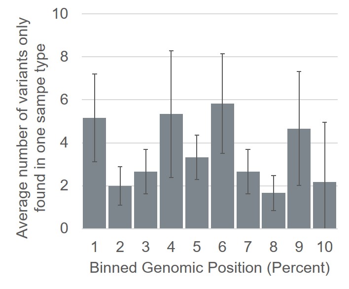 The average number of variants found in each bin of the chromosome for three sample types