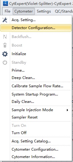 CytExpert software Cytometer drop-down menu and Detector Configuration option