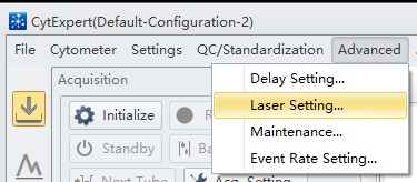 CytExpert pull-down menu showing the Laser Setting selection.