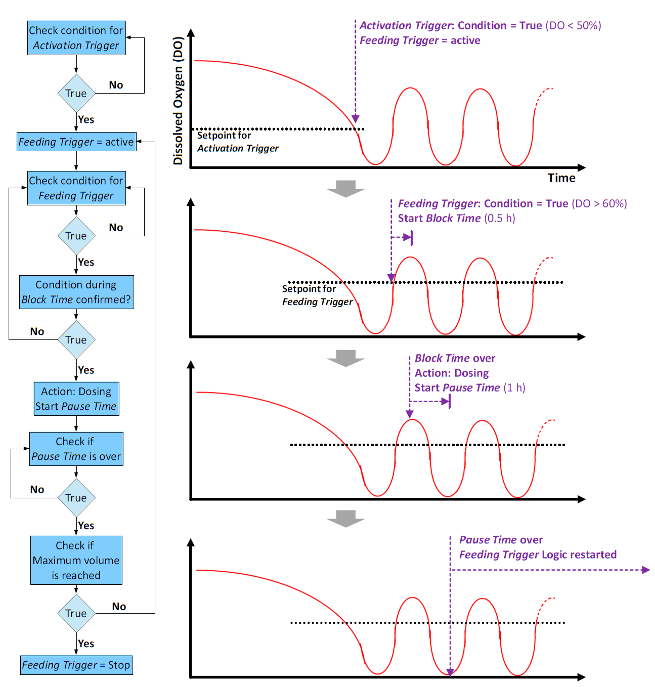 Figure 3 Flow scheme of RoboLector controlling logic for DOtriggered dosing and corresponding