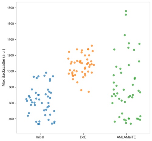 Comparison of maximum biomass accumulation measured by backscatter for initial screening, DoE optimization, and SED optimization experiments