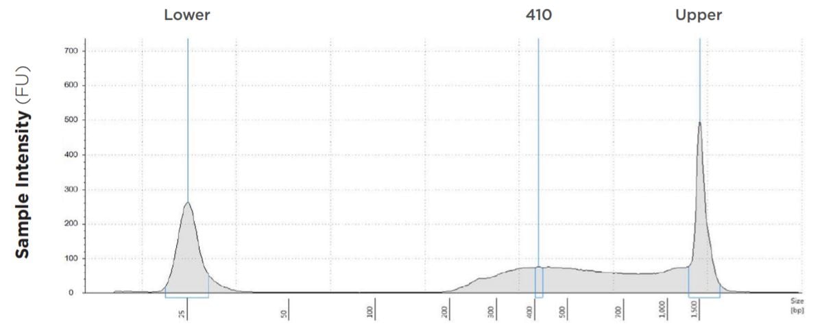 FIGURE 1B: TapeStation electropherograms of conditions tested, post magnetic bead cleanup. Size selection cutoff was performed using 0.6x SPRI beads. Average fragment length was 410 bp with a right tail, appropriate for 2x300 reads. Peak size dropoff reflects lesser amount of product amplified in a smaller volume.