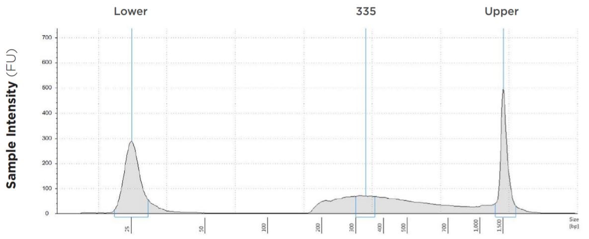 FIGURE 1E: TapeStation electropherograms of conditions tested, post magnetic bead cleanup. Size selection cutoff was performed using 0.6x SPRI beads. Average fragment length was 335 bp with a right tail, appropriate for 2x300 reads. Peak size dropoff reflects lesser amount of product amplified in a smaller volume.