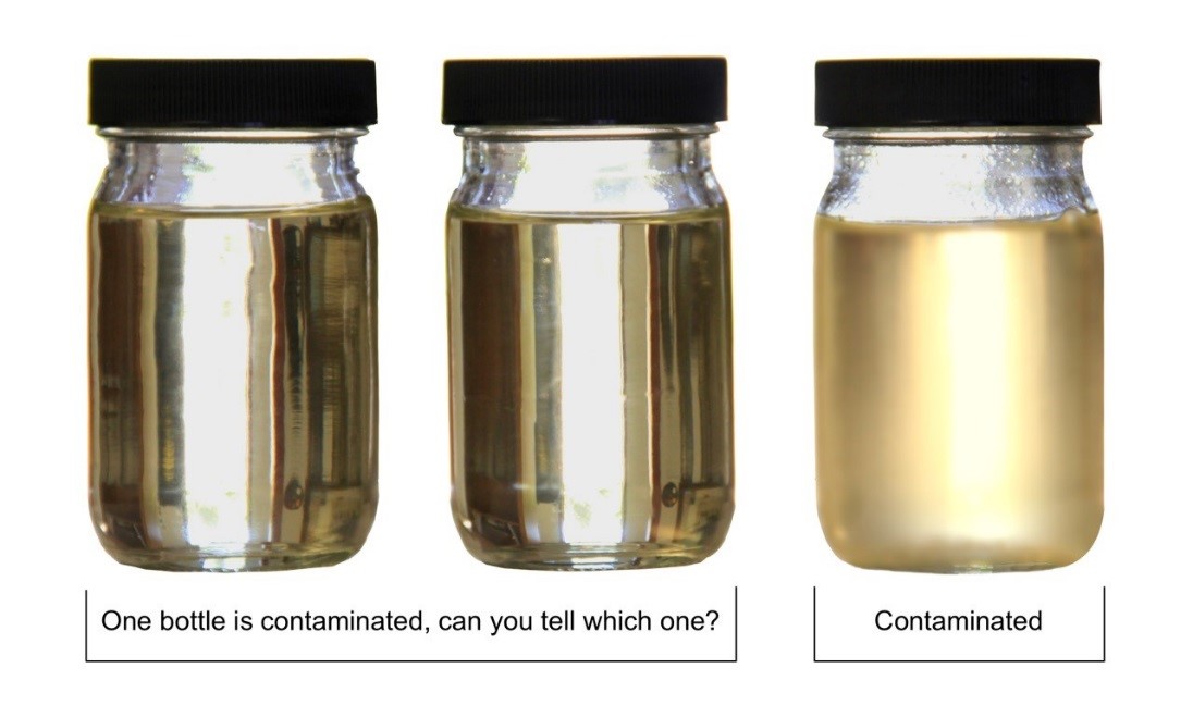 A) One bottle is contaminated, can you tell which one? B) Contaminated.