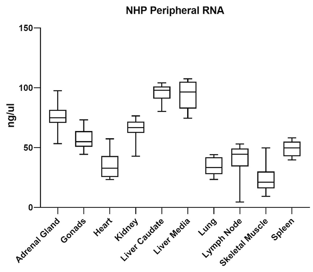 Figure 5B. Average RNA yield from various tissue types collected from the NHP model