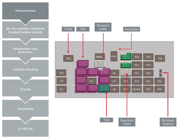 Figure 2. Proteomic sample preparation steps are outlined (left) and the deck layout of the i7 hybrid workstation