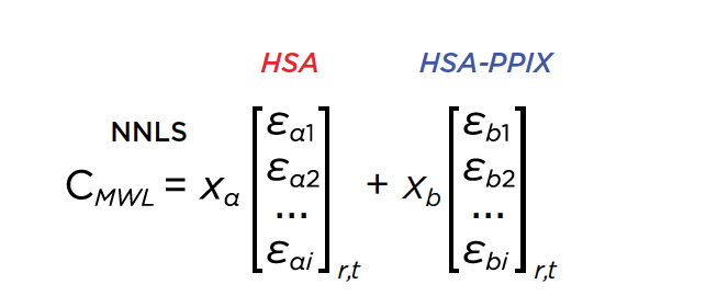 Equation 1. Non-negative least squares of the multi-wavelength dataset by decomposing wavelength profiles into 2 basis vectors representing the intrinsic absorbance spectra of HSA and HSA-PPIX-Sn