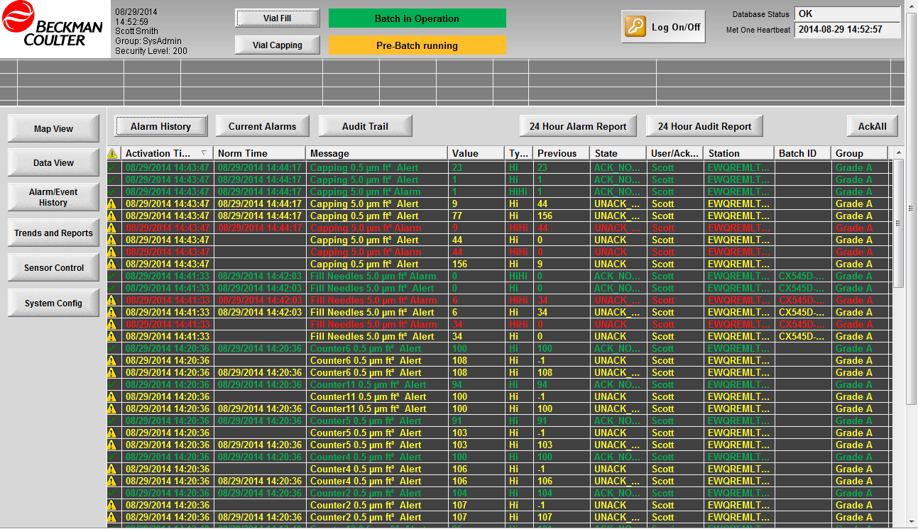 Supervisor alarm review screen in Internet Explorer