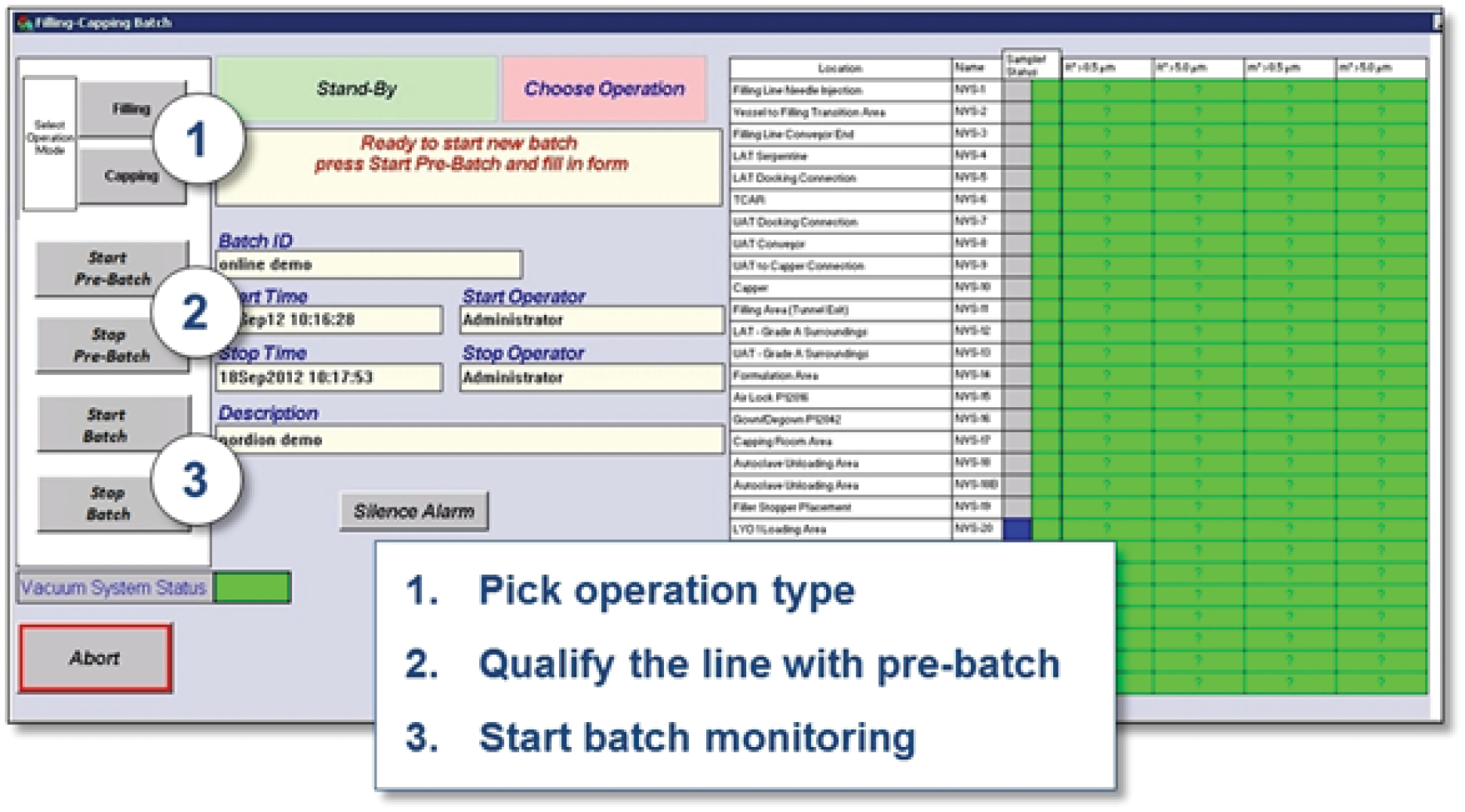 Screen capture showing batch monitoring process. (The right sensors and alarm limits are automatically used for each process step. Results are reported per batch.)