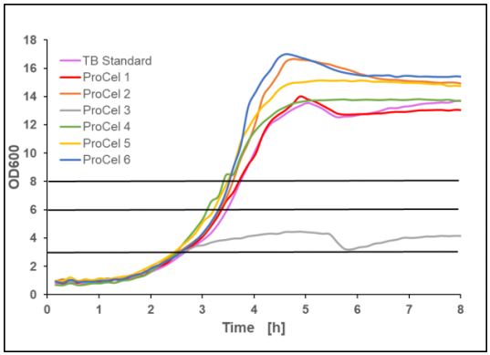 Figure 9: Representation of the individual induction points at certain values of the optical density. Induction takes place at OD 3, 6 and 8