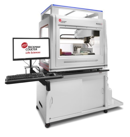 Figure 1. Biomek i5 Span-8 Genomics Workstation with optional enclosure on a Biomek Mobiile Workstation. Deck layout in the lower image.