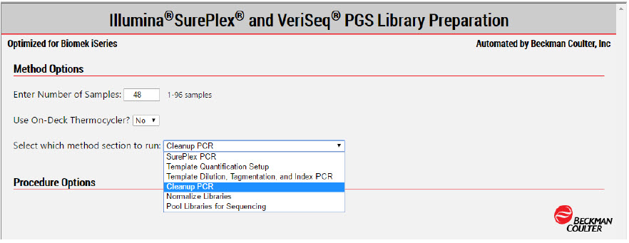 Figure 4. VeriSeq for Illumina Method Options Selector enables us to process from PCR to final library pooling with logical start and stop points