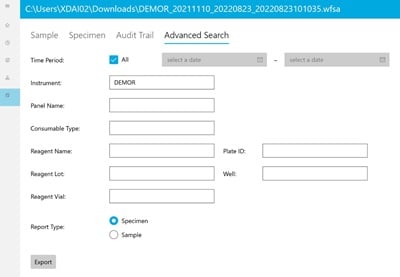 Example of Exporting Specimen or Sample Report in Batches by different searching criteria