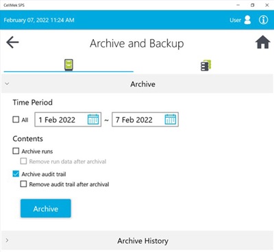 Archive and Backup menu screen of CellMek SPS