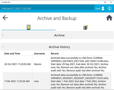 Archive History Screen on CellMek SPS