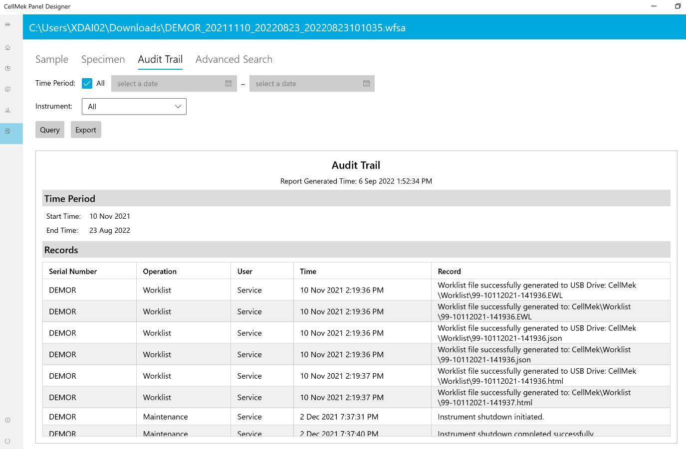 Audit Trail info screen in CellMek Panel Designer Software