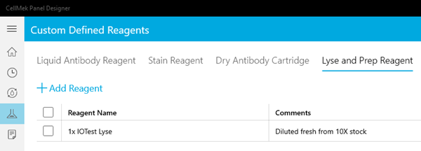 CellMek SPS Panel Designer Software Custom Defined Reagents Screen