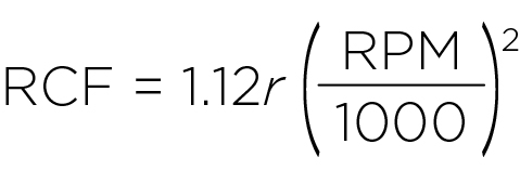 Формула для расчета относительного центробежного ускорения (RCF)
