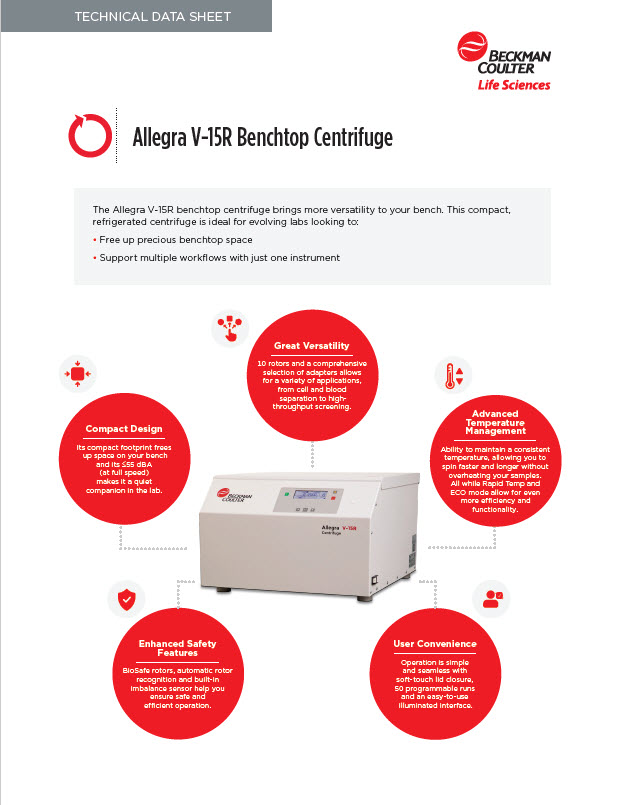Cover of the datasheet for the new Allegra V-15R benchtop centrifuge