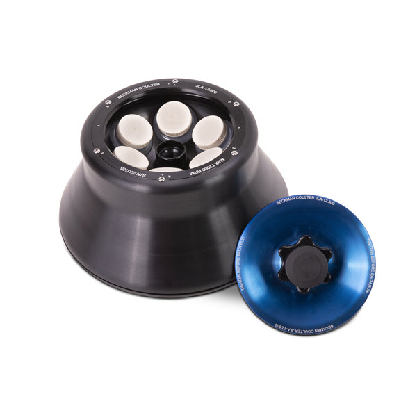 High Performance Fixed Angle J Lite JLA 12.500 Rotor Lid Off with Bottles